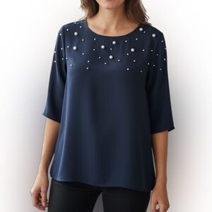 Ann Taylor Navy Top with Pearl Embellishments (M)
